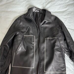 Zara Men's Black Leather Jacket with Stitch Detail